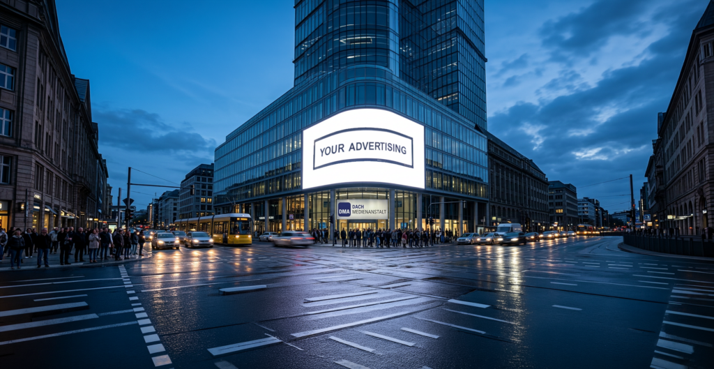 Beleuchtete Großwerbung der DACH Medienanstalt an einer Gebäudefassade