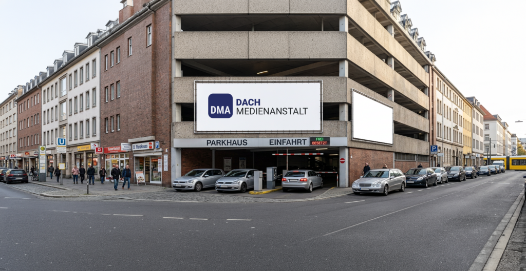 Großflächenwerbung der DACH Medienanstalt an einer Parkhausfassade